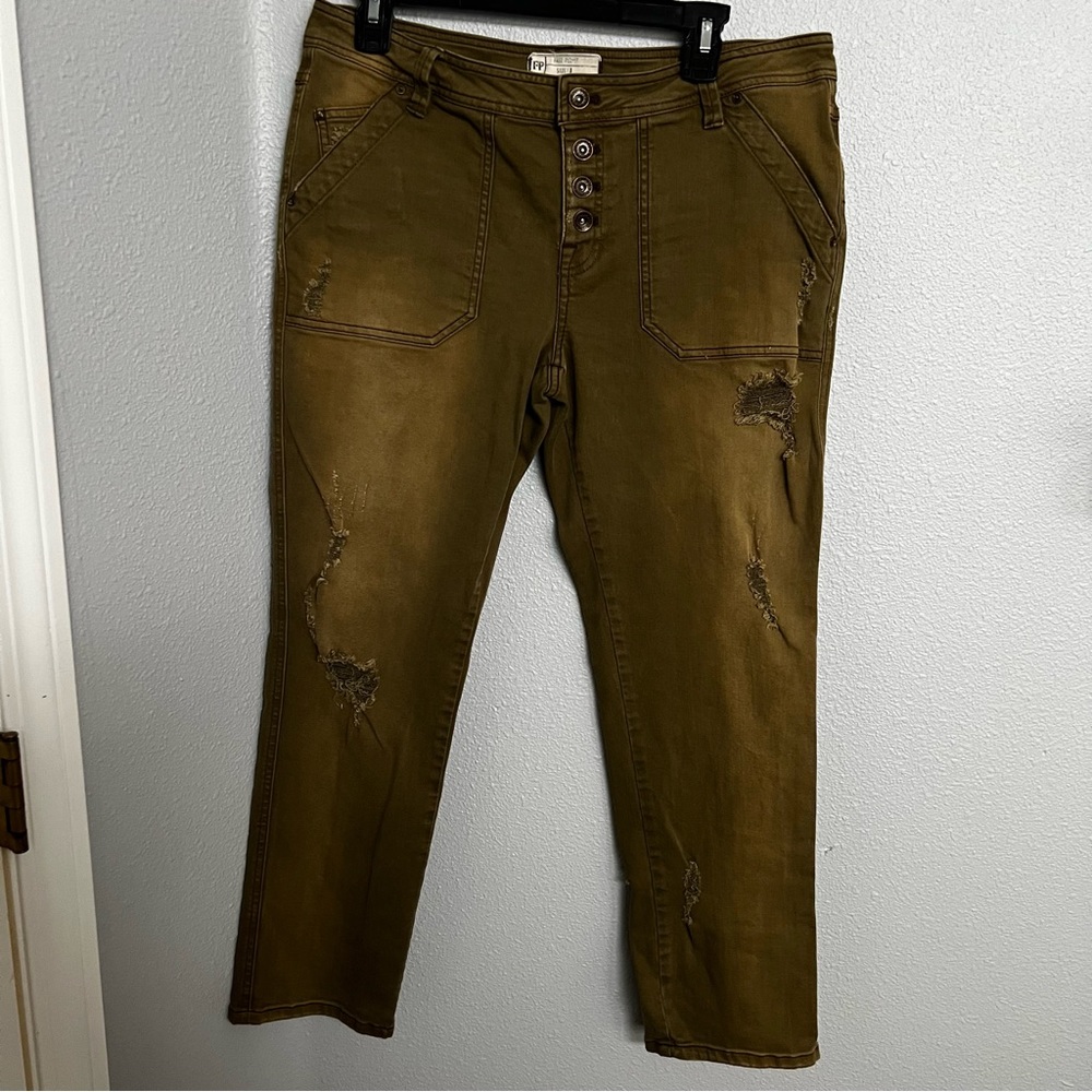 Free People Tan/Green Distressed Skinny Jeans